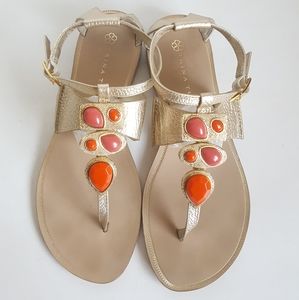 Trina Turk Belotta Ankle Strap Sandals US 6 💎 Shimmering Gold & Coral Orange